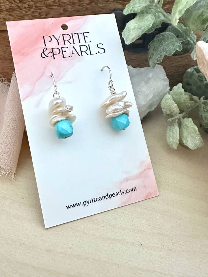 Pendientes de Turquesa y Perla Natural - Plata de Ley para venta al por mayor de Pyrite and Pearls