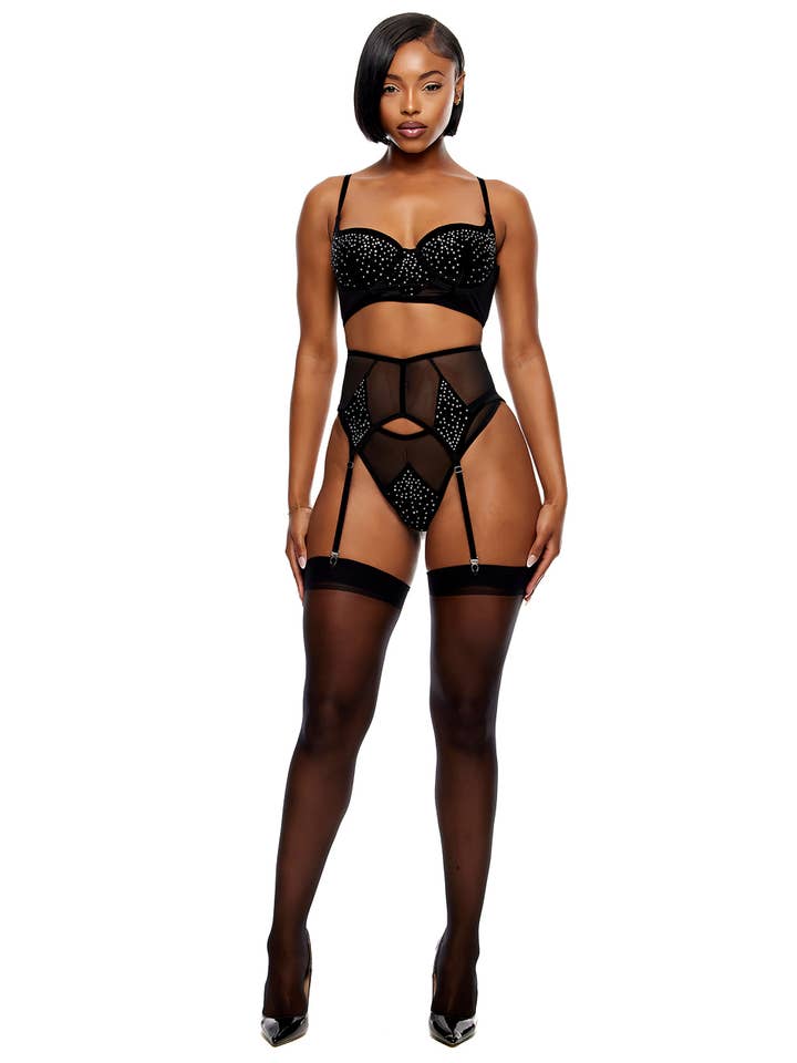 Noir Ensemble de lingerie pour soutien-gorge long en velours et strass Catght Your Eye - Noir en vente sur Faire