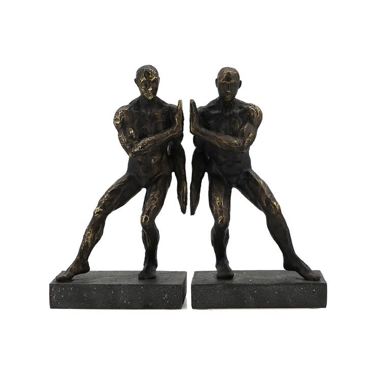 Rustic Dark Bronze Pushing Men Bookends for wholesale on Faire