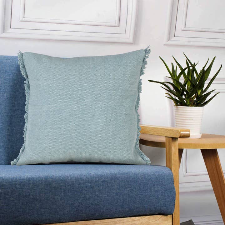Light Blue Solid Stonewash Throw Pillow with Fringe for wholesale on Faire9