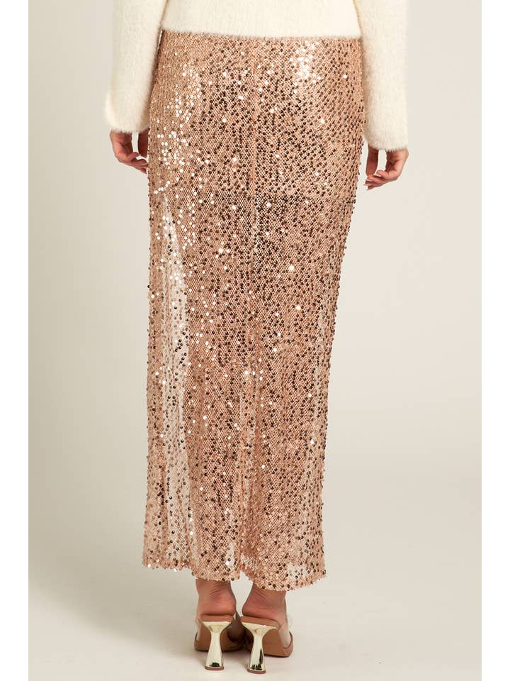 Gold Sequin Double Layered Maxi Skirt with Slit for wholesale on Faire2