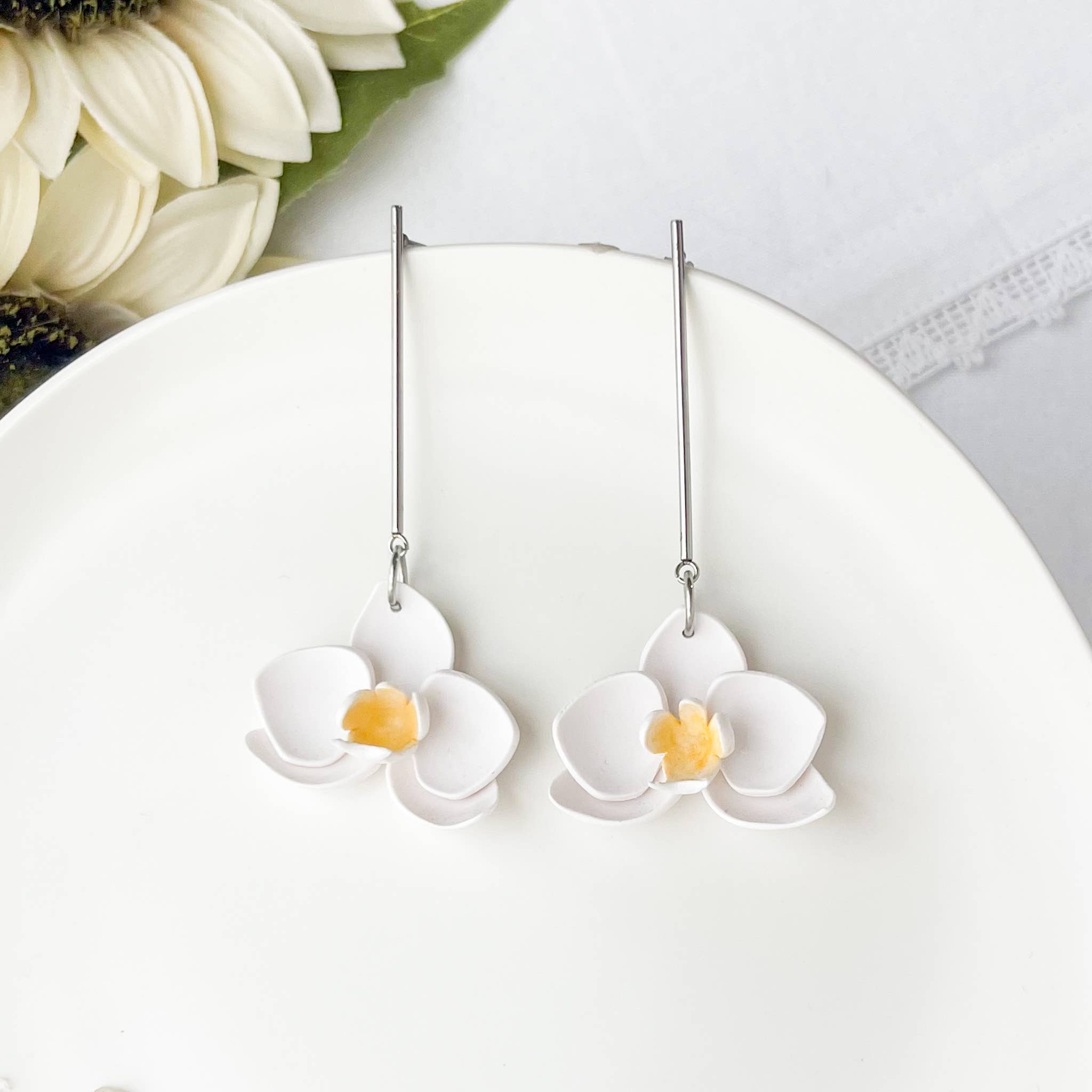 My Sister’s Things - Wholesale Dangle Earrings - Orchid Flower Dangle Earrings, Tropical Earrings, White