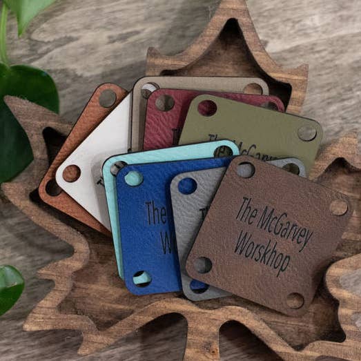Square Custom Faux Leather Tags for Knitting and Crochet, Personalized Labels for Handmade Items, No Sew Logo, 1.75" x 1.75" for wholesale by The McGarvey Workshop