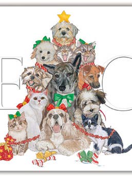 Dog and Cat Peace Tree Christmas Cards Pack of 10 for wholesale by Pipsqueak Productions