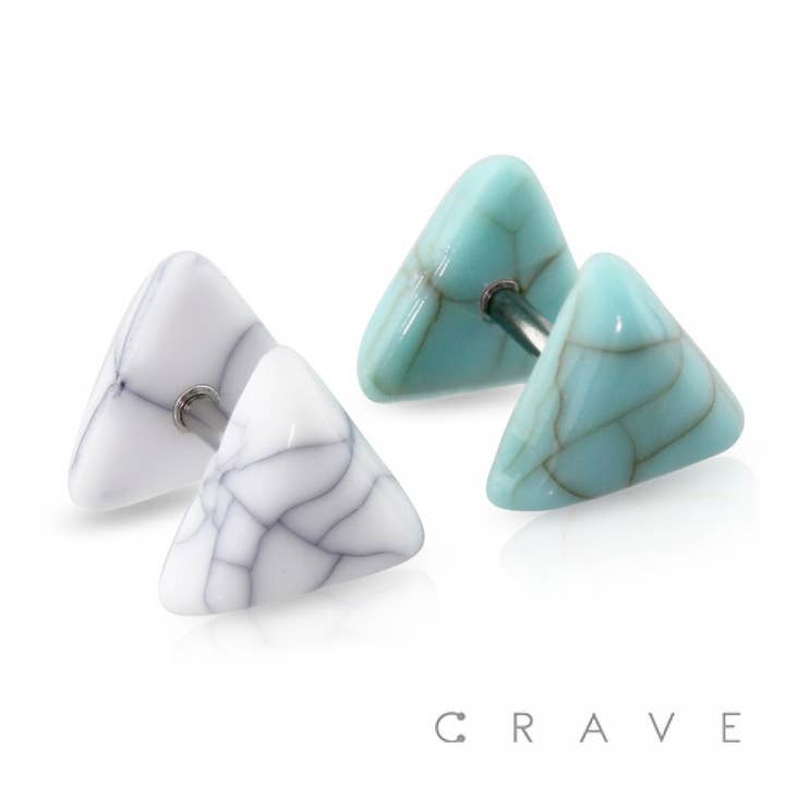 ACRYLIC TRIANGLE SHAPED STONE 316L SS FAKE BARBELL PLUG for wholesale by CRAVE BODY JEWELRY