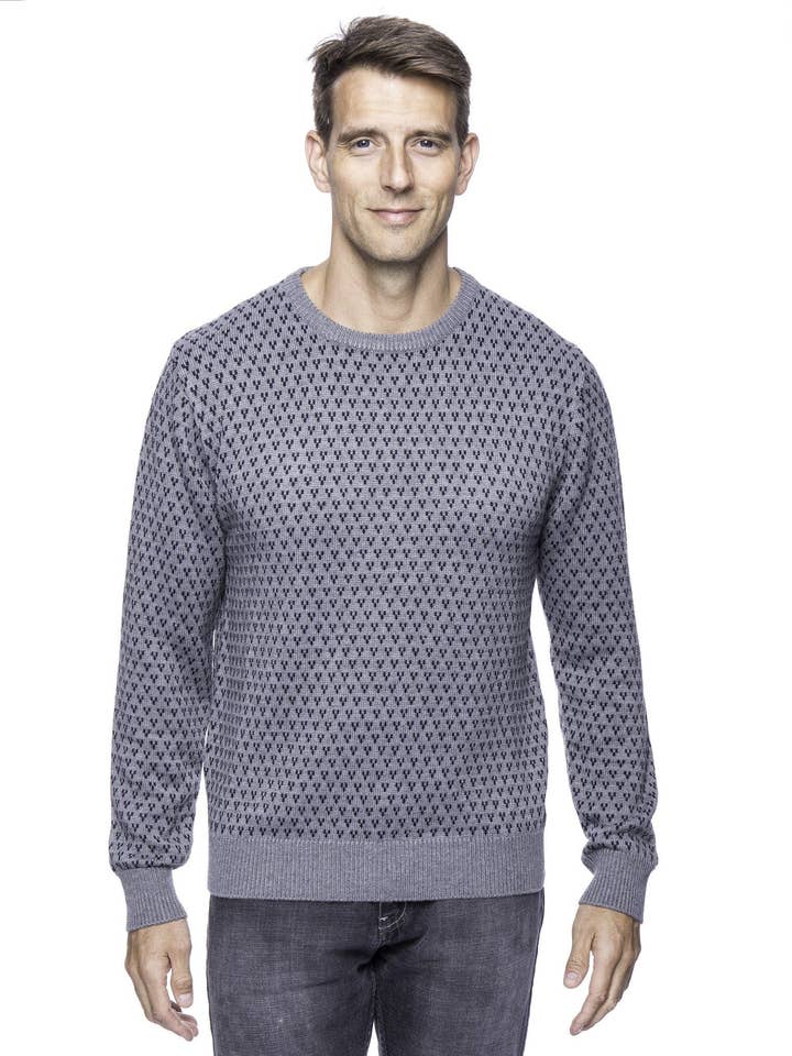 Uld blanding Crew Neck Pullover Sweater med Jacquard effekt - Lyng Grå/Navy for engroshandel hos Tocco Reale