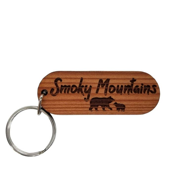 Smoky Mountains Wood Keychain Black Bear and Bear Cub Souvenir - Key Chain - Key Tag - Key Ring - Key Fob - KC8004 for wholesale by Happy Wood Products