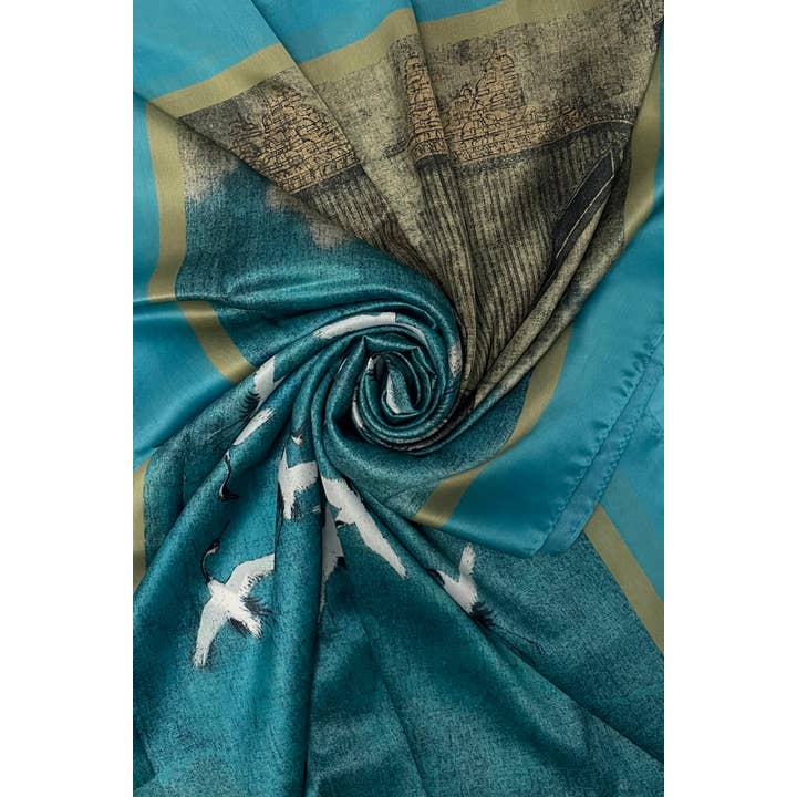 Fashion Scarf World - Wholesale Scarf – Women's - Japanese Cranes Scene Art Print Silk Scarf1