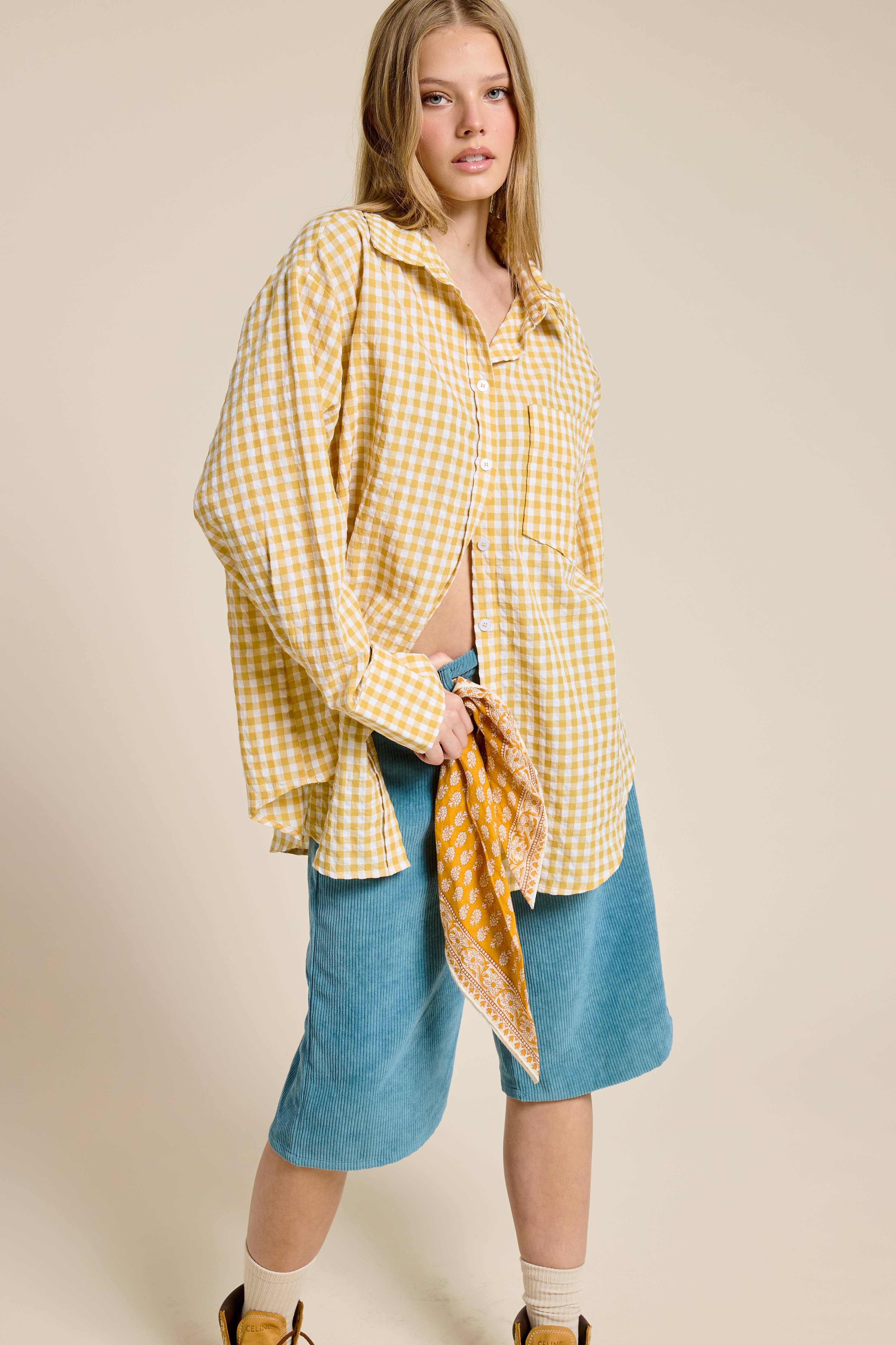 Mimosa - Wholesale Button Down Shirt - Women's - Oversized Gingham Button Down Shirt11
