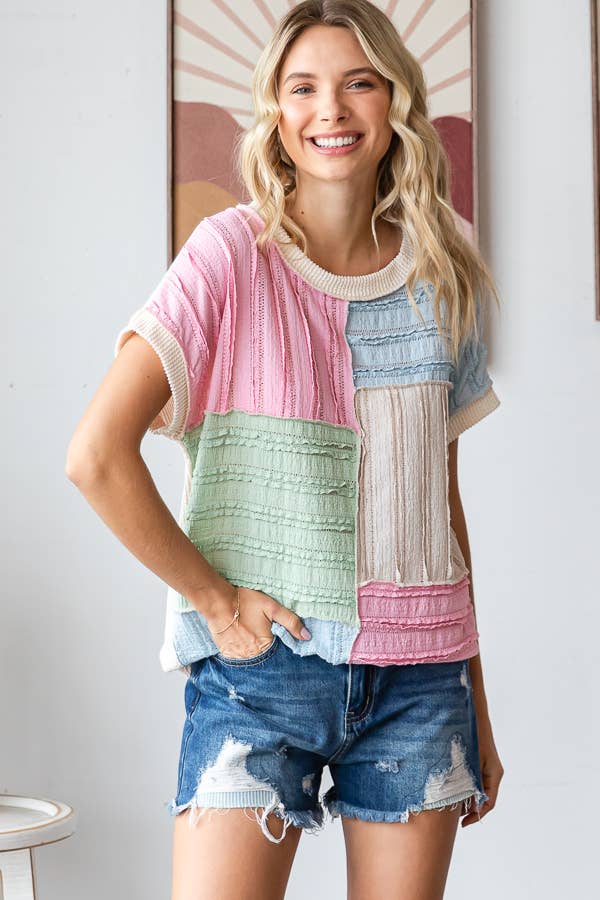 7th Ray - Wholesale Gebreide top - Dames - Kleurblok Gestructureerd Patchwork Korte Mouw Top T594413