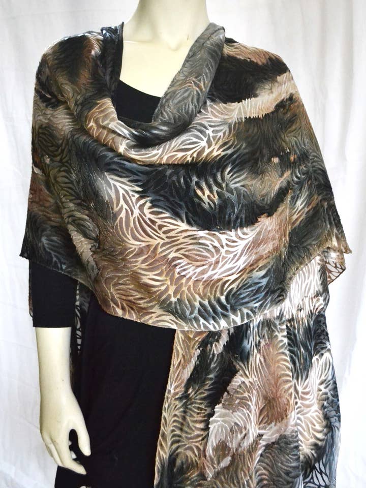 Grey Copper Ruana Long Jacket for wholesale by Poshaq Hand Painted Silk