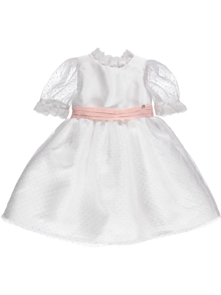 Vestido de festa branco e rosa com renda bordada por atacado de Piccola Speranza