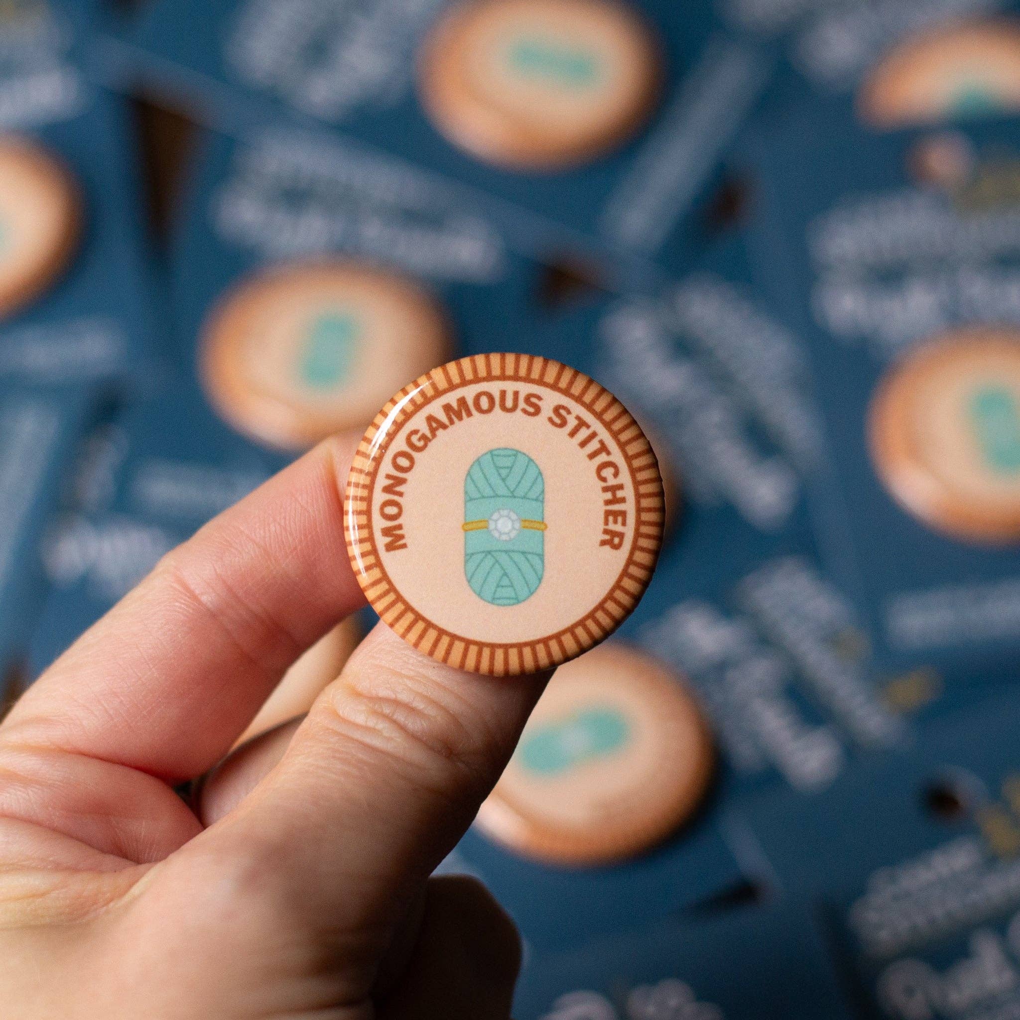 Camp Stitchwood - Wholesale Lapel Pin/Button - Monogamous Stitcher Merit Badge1