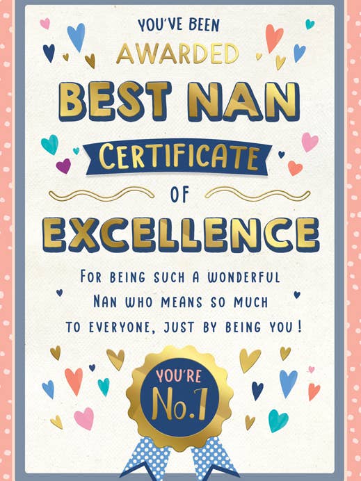 Carte de fête des mères, Nan, Certificat pour la vente par Piccadilly Greetings