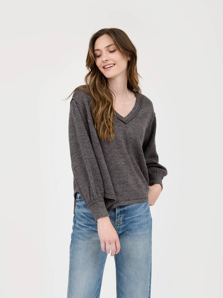 V NECK ASYMMETRICAL HEM LONG SLEEVE KNIT TOP for wholesale by Blu Pepper