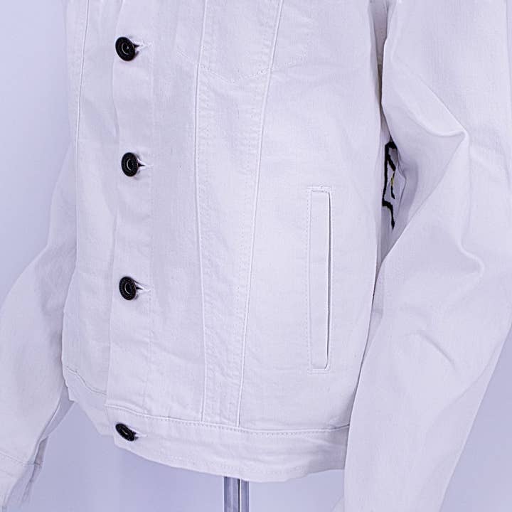 My Little Maria - Vente Veste en jean – femme - Veste en jean blanc brodé à la main - Floral rose et vert4