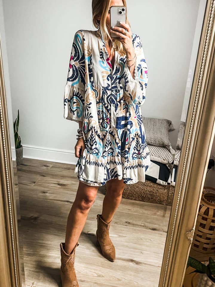 MULTICOLOR HOLIDAY STYLE LOOSE CASUAL FLORAL DRESS for wholesale on Faire