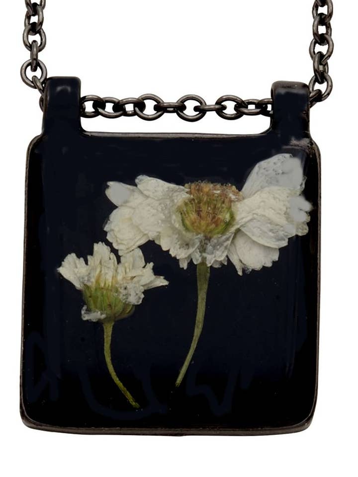 White Achillea on Black Large Square Necklace for wholesale by Shari Dixon