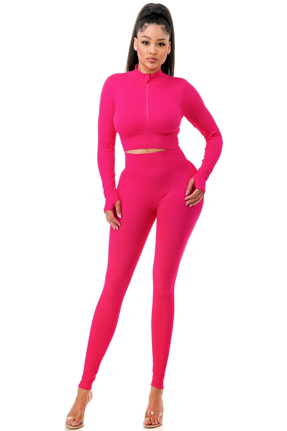 MIO WHOLESALE - Wholesale Top & Pant Set (NOT Loungewear) - Women's - JA60SET SOLID RIB ZIP-UP FRONT CROP JACKET SET2