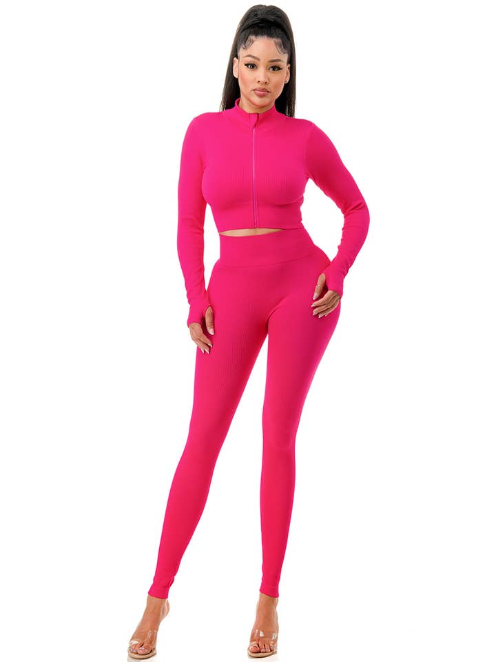 MIO WHOLESALE - Wholesale Top & Pant Set (NOT Loungewear) - Women's - JA60SET SOLID RIB ZIP-UP FRONT CROP JACKET SET2