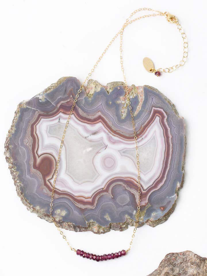 Birthstone 16-18" January Gold Garnet Bar Necklace for wholesale by Anne Vaughan Designs Jewelry