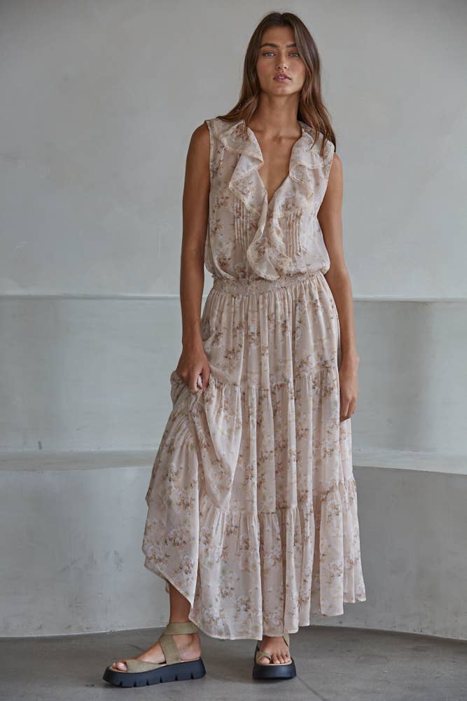 Taupe Multi L9385T1 | Woven Polyester Floral Print V-Neck Sleeveless Top for wholesale on Faire4