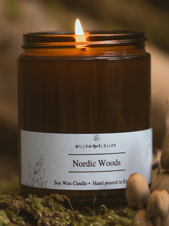Nordic Woods Large Amber Jar Candle for wholesale by Willow & Blossom Botanicals