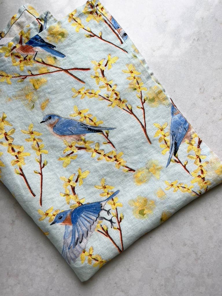 Kasey Melissa Art – Großhandel Geschirrtücher – Geschirrtuch aus Leinen, blaue Vögel und gelbe Forsythie1