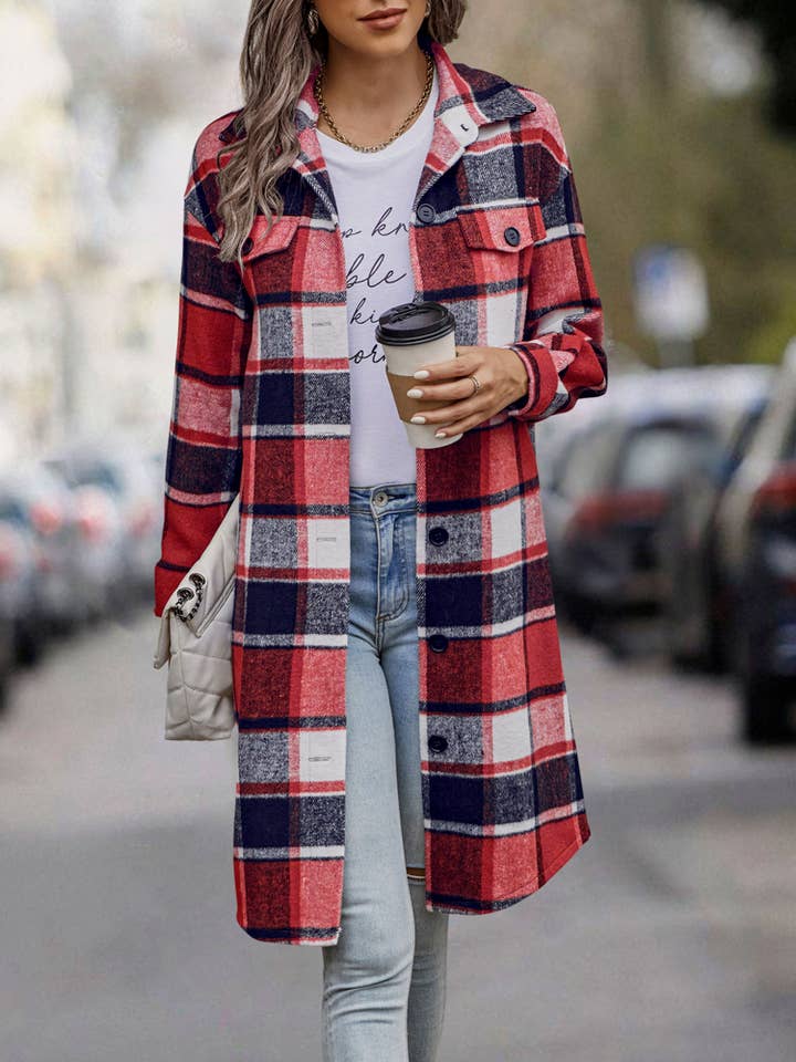 eLook - Vente Manteau – femme - Manteau long boutonné à carreaux SZ1-JK8211