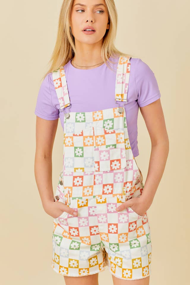 Multi Checker Floral Print Romper for wholesale on Faire