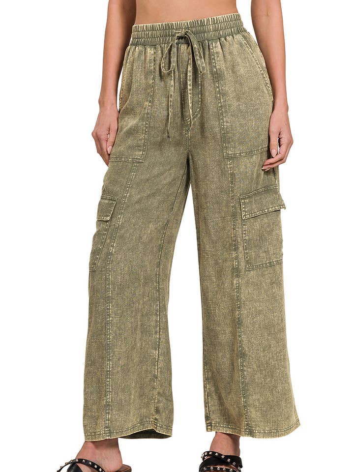 Washed Linen Elastic Band Waist Cargo Pants for wholesale by Vanilla Monkey