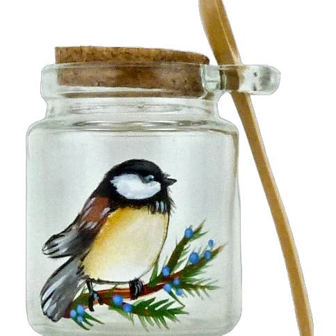 Chickadee Blueberry Branch Hand Painted Honey Jar for wholesale by Classy Art Designs, LLC