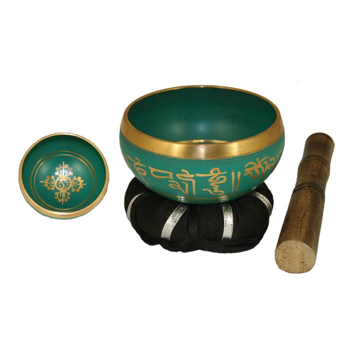 Tibetan Singing Bowl w/ Cushion & Stick - Green Flower for wholesale by Designs by Deekay Inc.