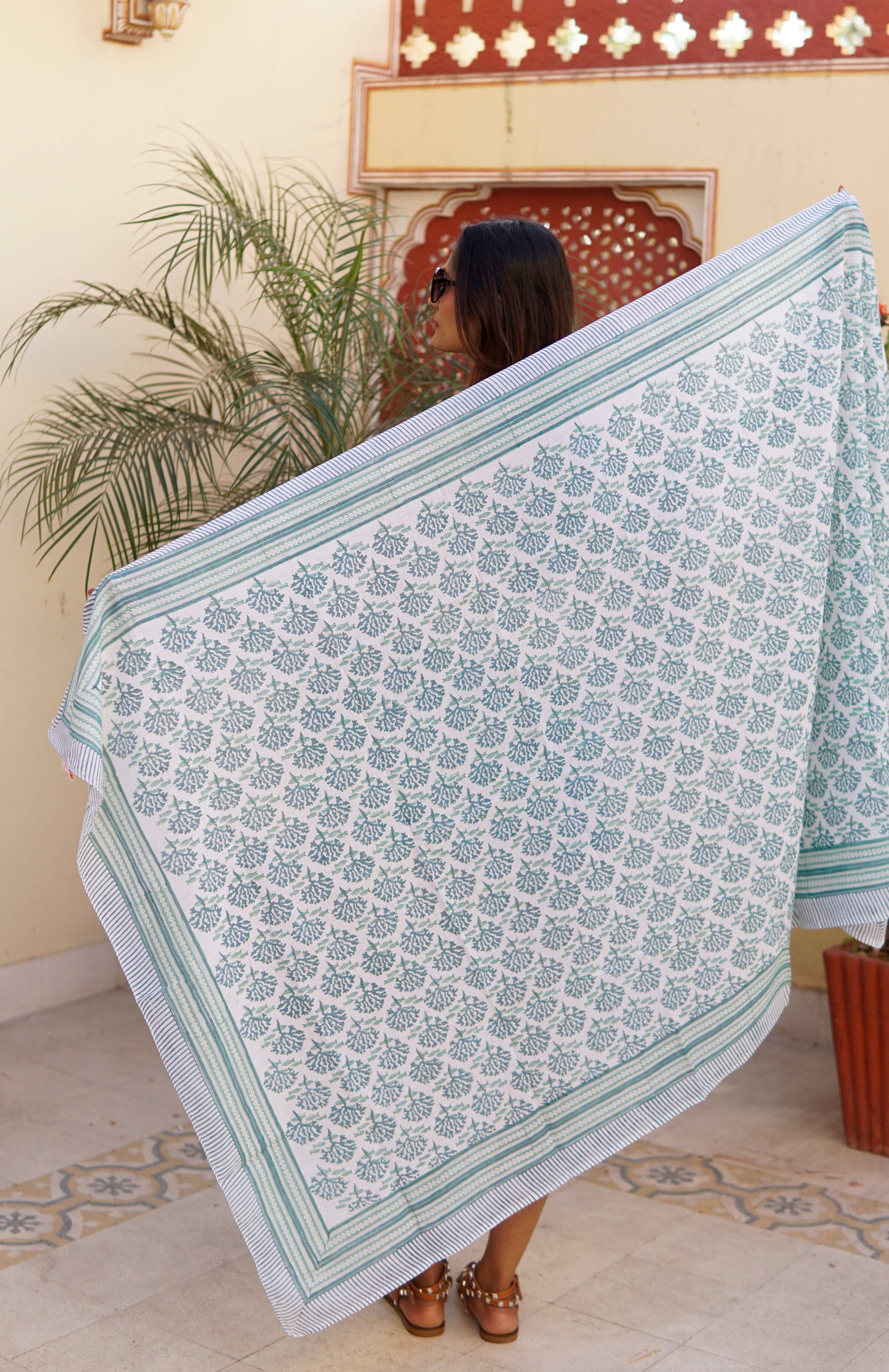 La Mandarine – wholesale Swim cover-up – Women’s – Sarong, Pareo, green and white block print cotton coverup2