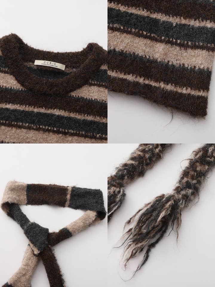 CUBIC - Wholesale Knit Sweater - Women's - Retro Striped Pullover Sweater with Scarf2