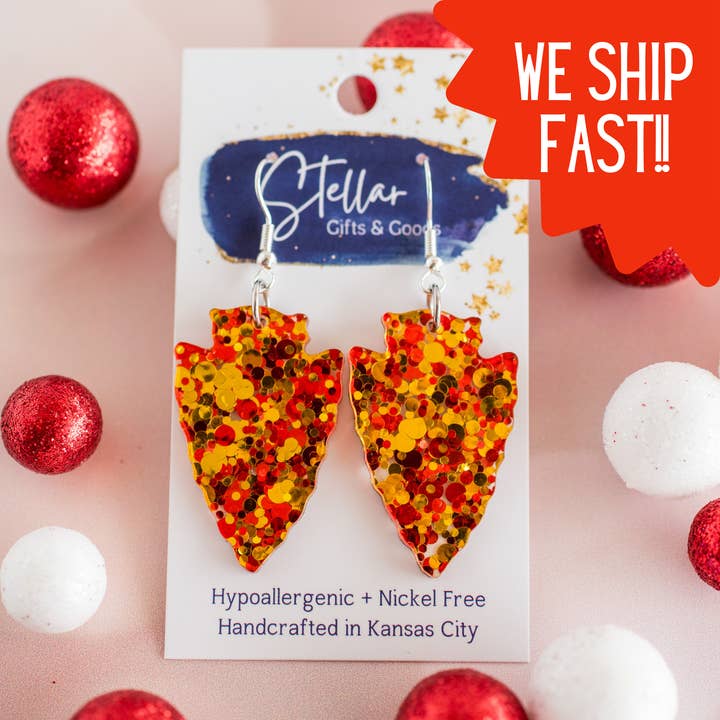 KC Football - Medium Red & Gold Confetti Arrowhead Dangles for wholesale by Stellar Gifts & Goods Wholesale