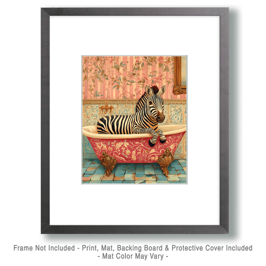 Mowbi - Vendita all'ingrosso Stampa artistica - Zebra in vasca da bagno vintage rosa - Stampe d'arte da parete per il bagno – Opera d'arte 8″x10″ per cornice 11″x14″1