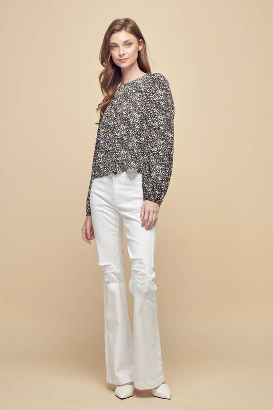 Petal Dew - Wholesale Blouse - Women's - FLORAL PRINT FRILLY TOP BLACK LACE UP - P000839