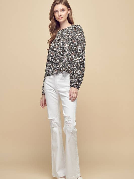 Petal Dew - Wholesale Blouse - Women's - FLORAL PRINT FRILLY TOP BLACK LACE UP - P000839