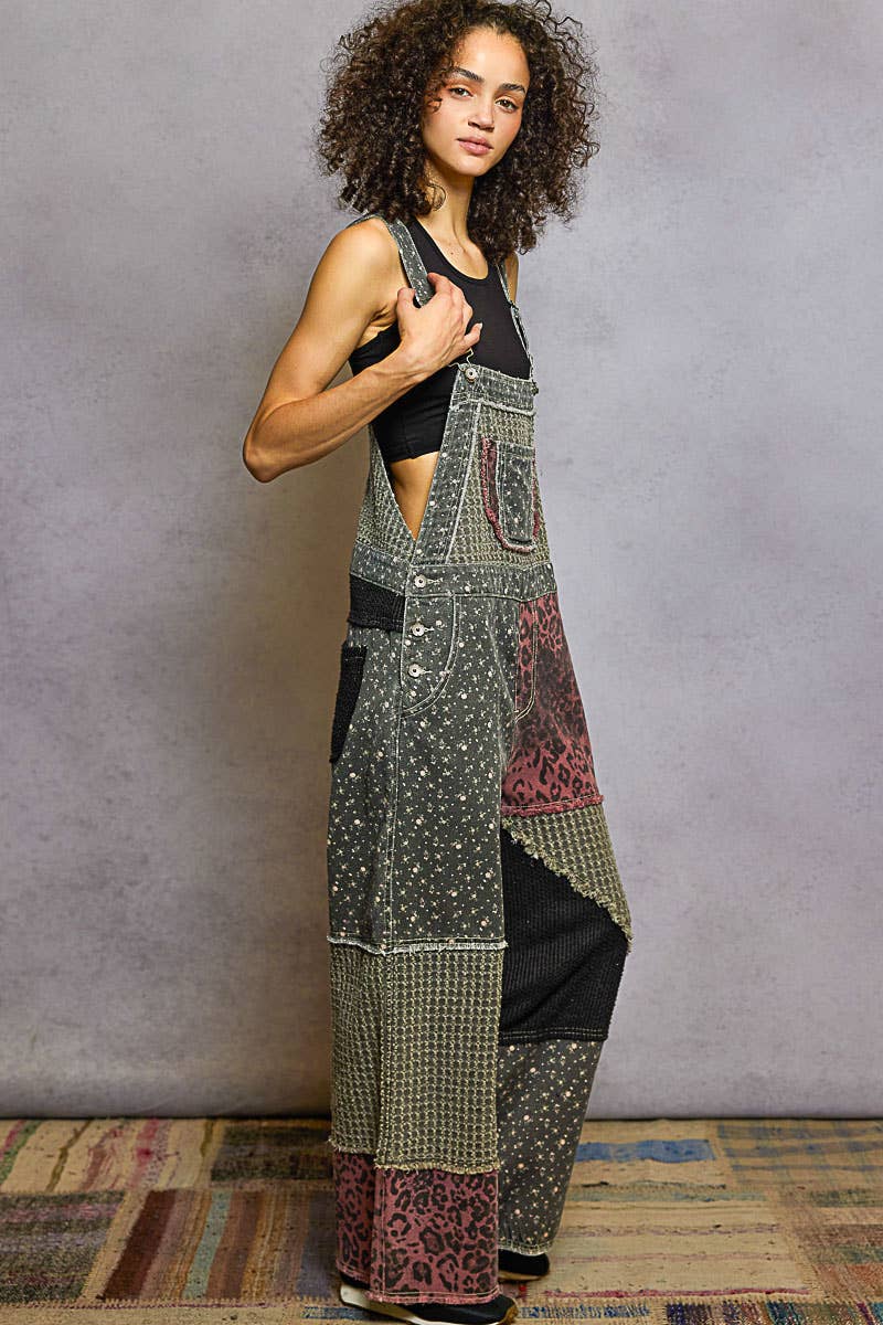 Pol Clothing - Wholesale Overalls - Women's - Animal printed floral print frayed edge twill woven overalls3