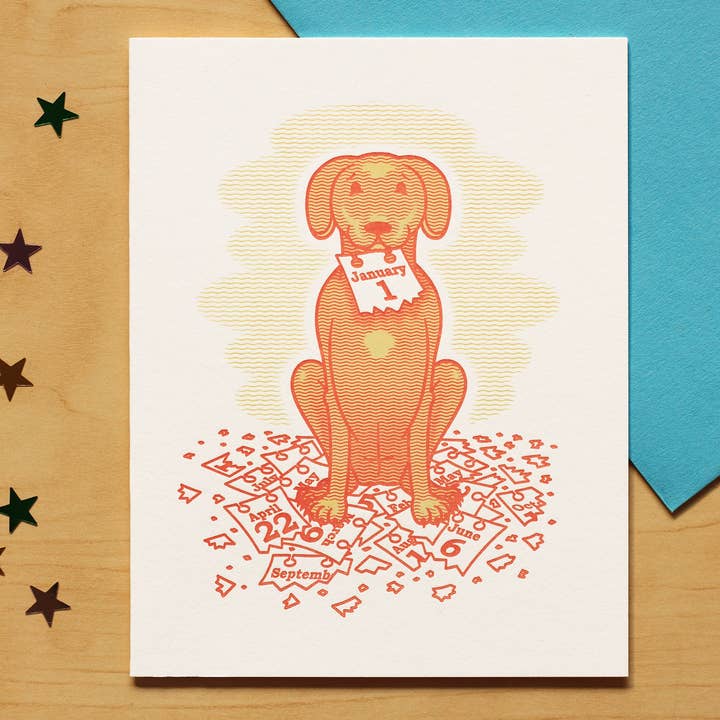 Happy New Year Dog Holiday Letterpress Card for wholesale by Fickle Hill Letterpress