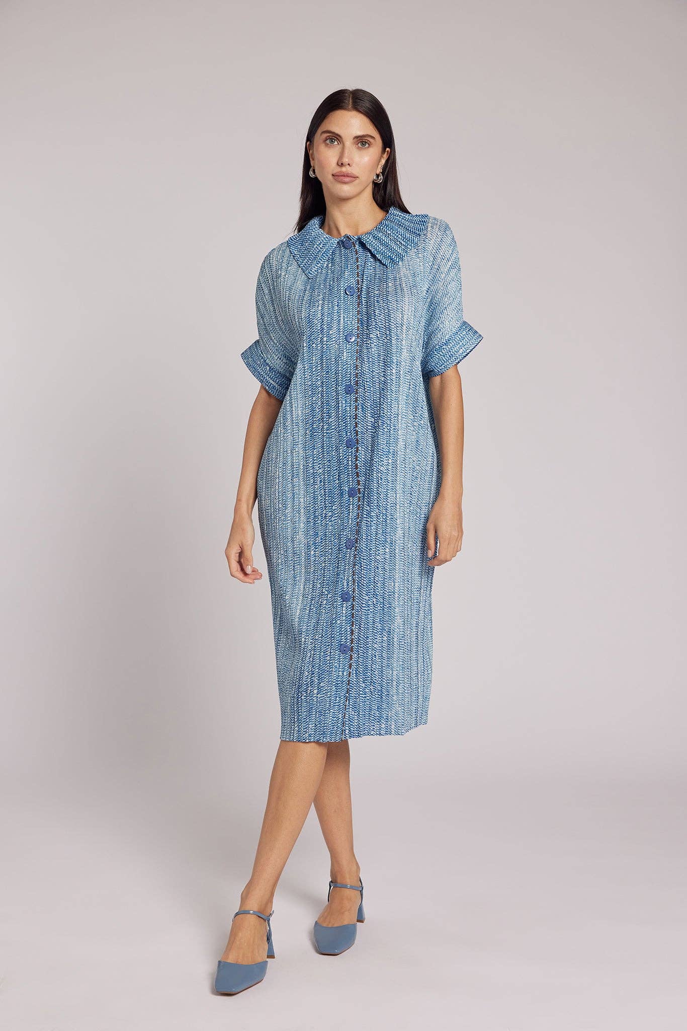 Chambray Eden Crystal Pleats Shirt Dress for wholesale on Faire2