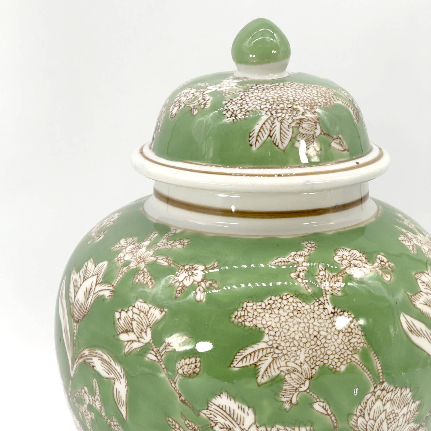 Galt International Company - Wholesale Decorative Jar - Green & White  Floral Peony Ceramic Chinoiserie Jar 12"2