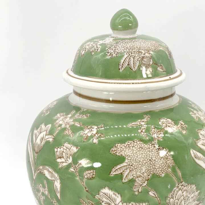 Galt International Company - Wholesale Decorative Jar - Green & White Floral Peony Ceramic Chinoiserie Jar 12"2