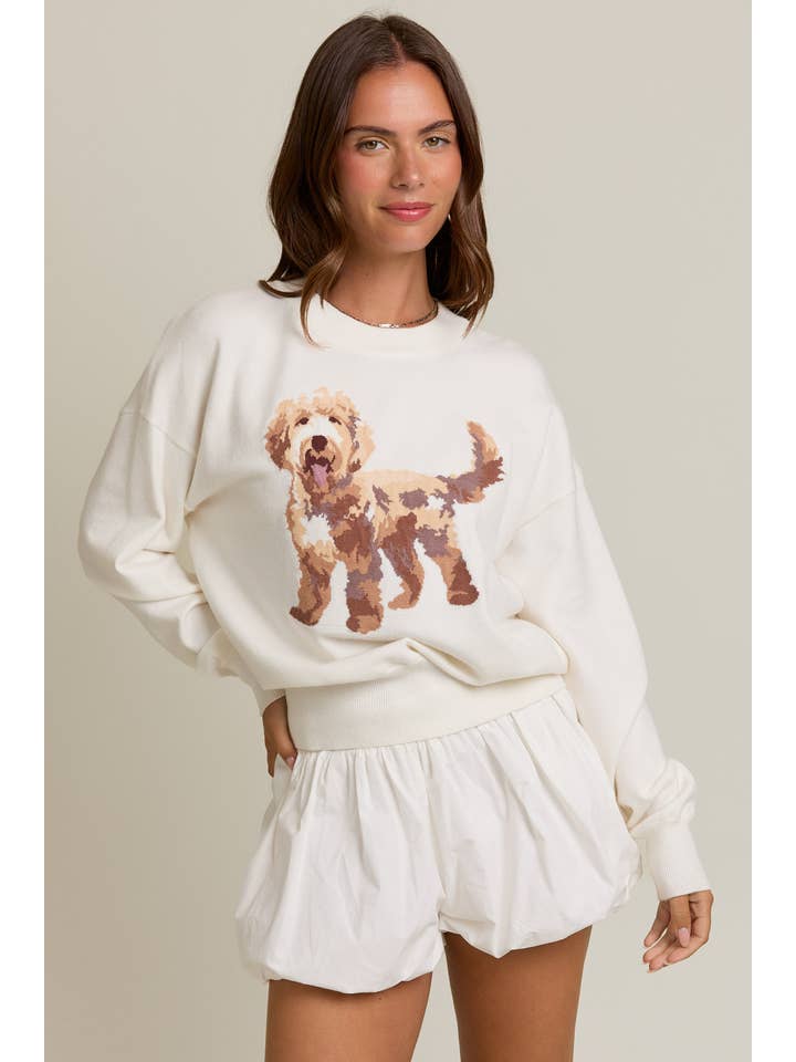 White LONG SLEEVE CREW NECK PUPPY GRAPHIC SWEATER for wholesale on Faire1