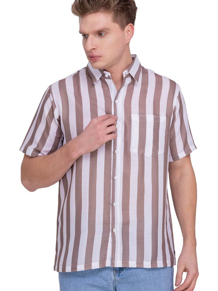 HAPPY BAY Linen Effect Mens Shirts Brown Stripes P00405 for wholesale by LA LEELA \ HAPPY BAY