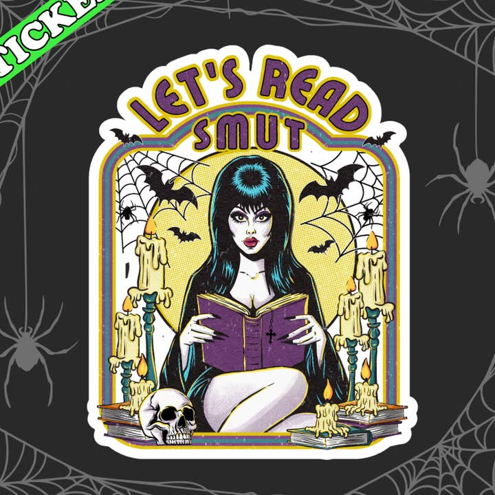 Let’s Read Smut Sticker, Elvira, Spooky Witchy Kindle Decals for wholesale by Pretty Toxic Stickers