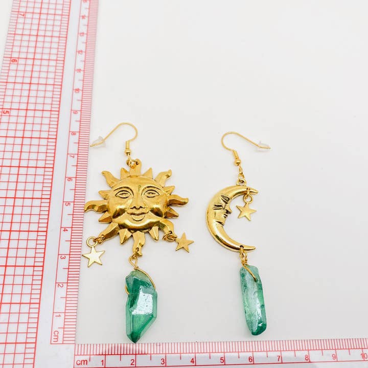 Asymmetric Sun and Moon Green Crystal Pendant Earrings - MS for wholesale on Faire3