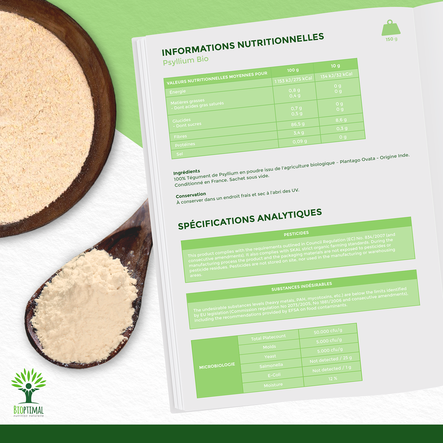 Bioptimal - Vente Poudres protéinées/superaliments - Psyllium blond bio en poudre -Conditionné en France7