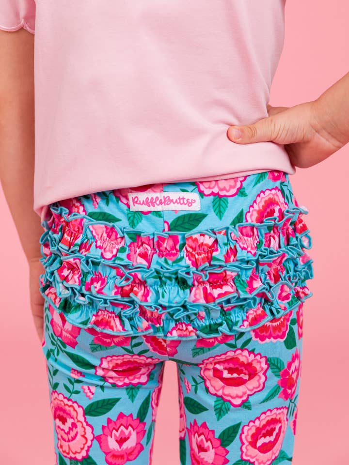 Azul Leggings Clássicas com Folhos Traseiros Assinatura para Meninas Pequenas com Flores Brilhantes para venda a revendedores na Faire6